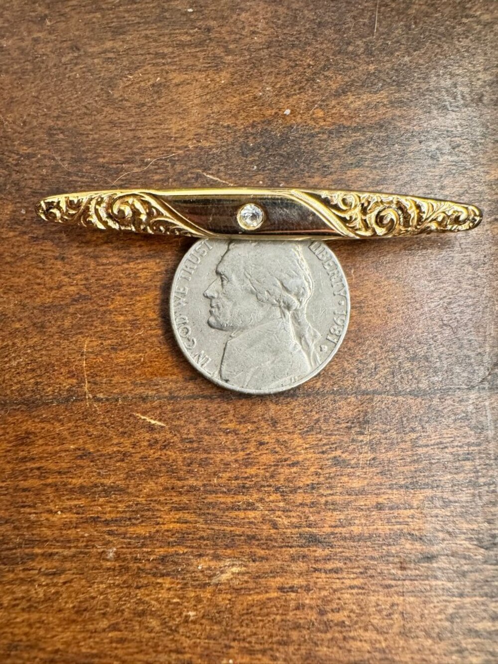 Vintage Avon Signed Gold Tone Bar Brooch Clear Crystal Scroll Victorian Revival